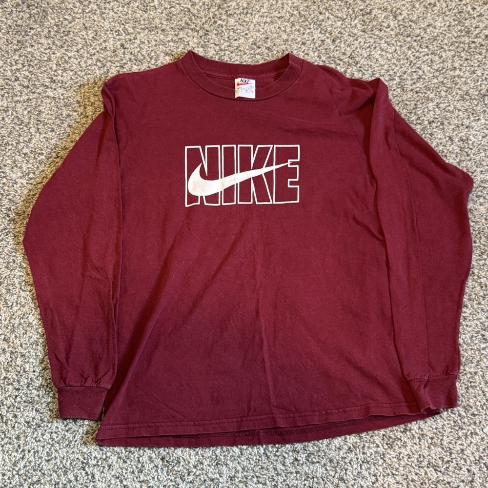 Vintage Nike Shirt Mens Medium Red Long Sleeve Swoosh Spell Out Crewneck USA 90s